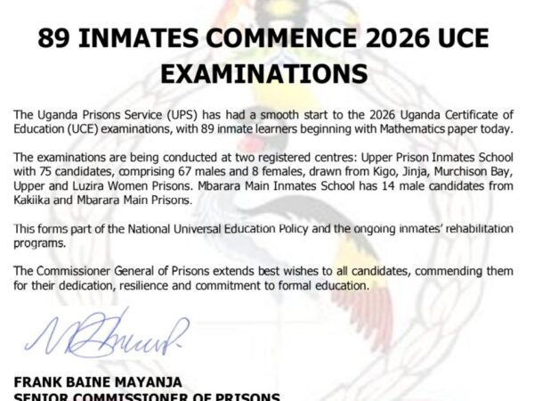89 Inmates Commence 2026 UCE Examinations at Uganda Prisons Schools