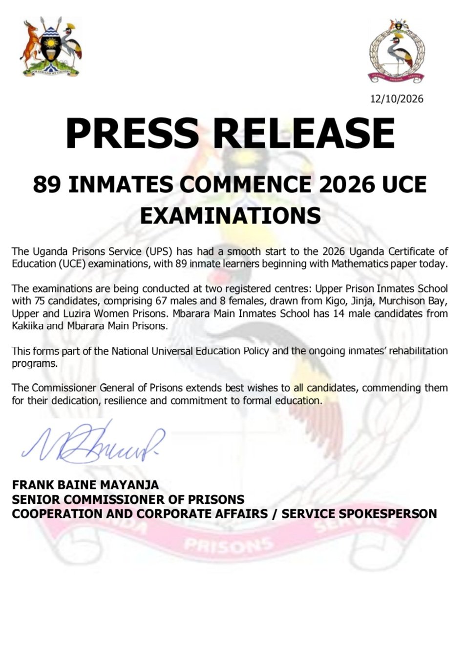 89 Inmates Commence 2026 UCE Examinations at Uganda Prisons Schools